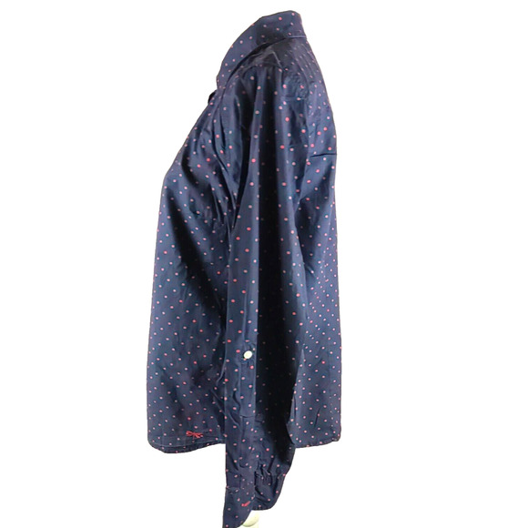 Talbots Women's Shirt Size 12 Roll Tab Cotton Navy Blue Red Polka Dot - Picture 2 of 10